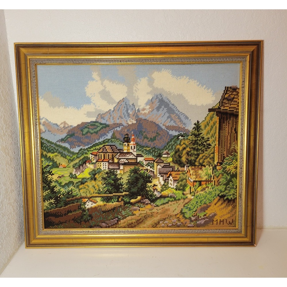 Vintage Gold Tone Framed Needlepoint Rural European Village 23.5x20x2